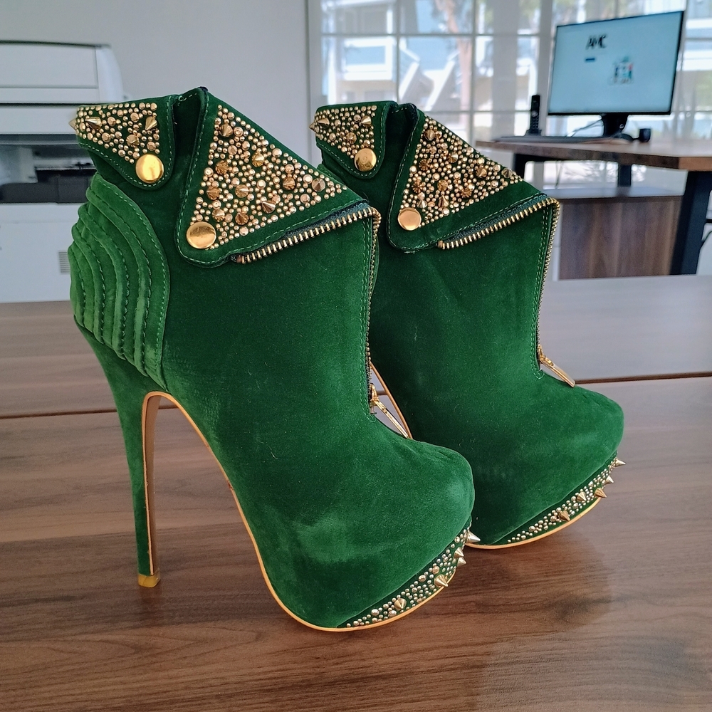 Emerald Green Velvet Studded Platform Ankle Boots